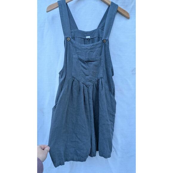 Anrabess Womens Linen Blend Short Bib Overalls Jumpsuit Romper Sz S Gray Blue - Picture 3 of 8